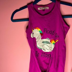 This is a unicorn floaty  t-shirt sleeveless that says “ Float on be happy”